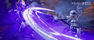 a video game character is fighting another character with a purple light coming out of their hands .