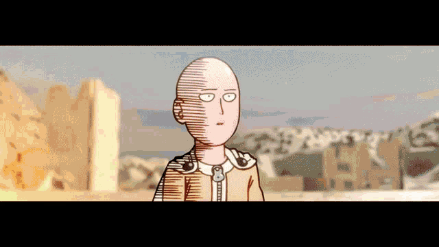 a cartoon of a bald man standing in front of a castle