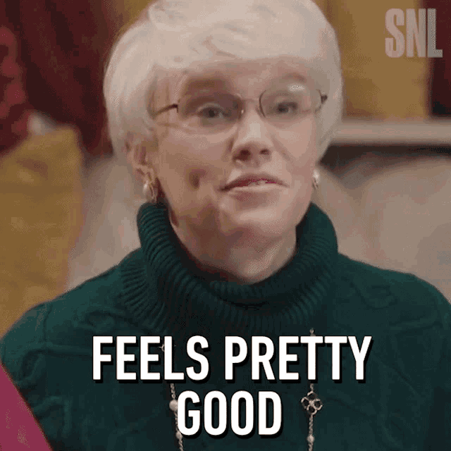 a woman in a green sweater says feels pretty good
