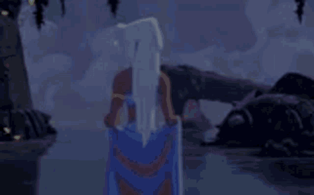 a woman is standing next to a body of water in a cartoon .