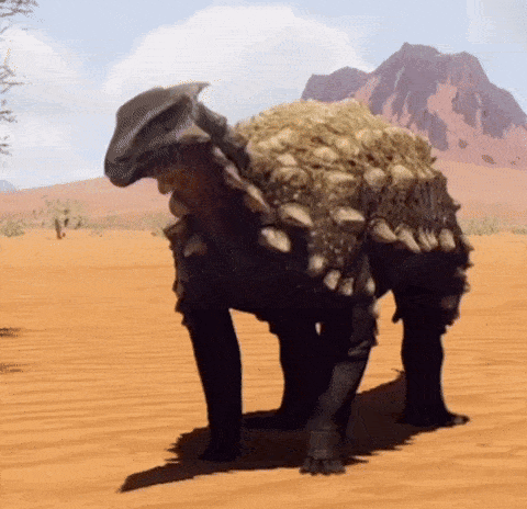 a dinosaur is standing in the middle of a desert with mountains in the background