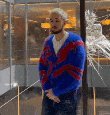 a man wearing a blue and red sweater stands in front of a broken glass window