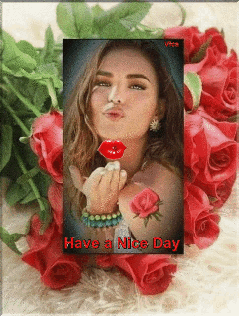 a picture of a woman blowing a kiss with roses and the words have a nice day