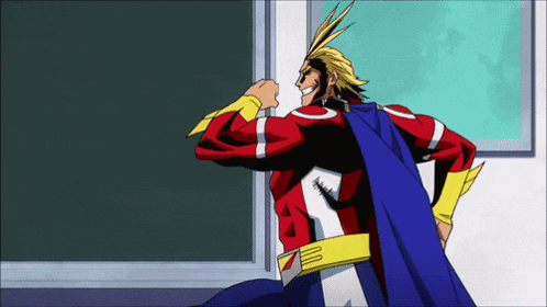 all might from my hero academia is standing in front of a blackboard and smiling .
