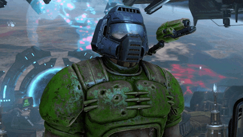 a video game character is wearing a helmet and a green armor