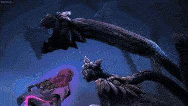 a woman in a pink dress is fighting a monster in a dark room .
