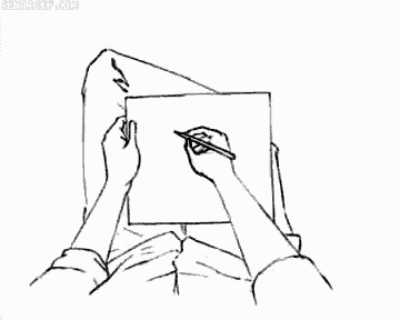 a black and white drawing of a person drawing on a piece of paper with a pen .