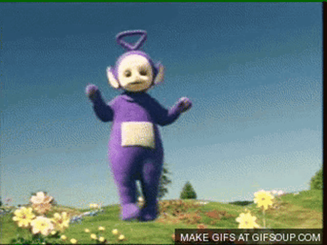 a purple teletubbies character dancing in a field