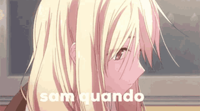 a close up of a blonde anime girl with the words " sam quando " written below her