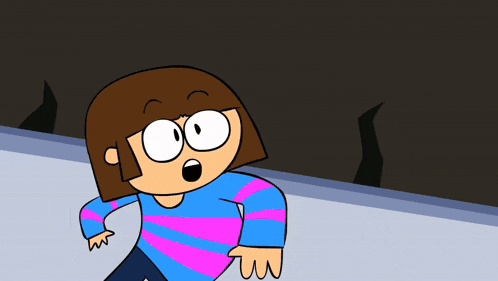 a cartoon character with glasses and a blue and pink striped shirt