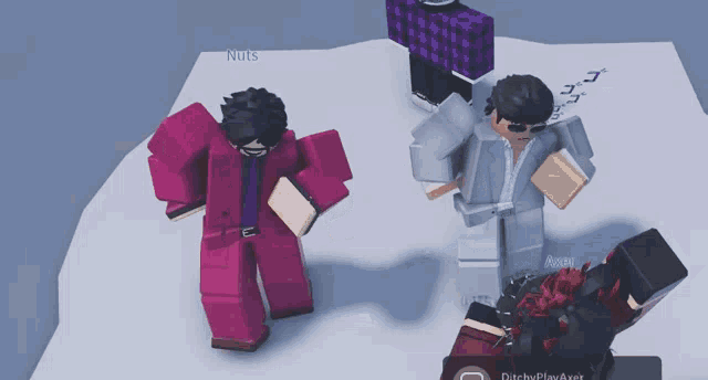 a screenshot of a video game shows a man in a pink suit and a man in a grey suit
