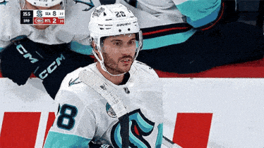 a hockey player with the number 8 on his jersey looks at the camera