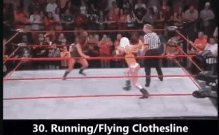 two women are wrestling in a wrestling ring with the words running / flying clothesline below them