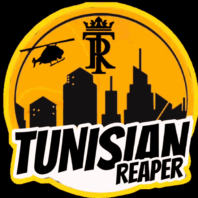 a logo for the tunisian reaper with a helicopter flying over a city