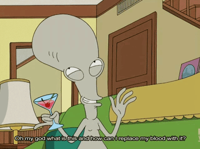 a cartoon character holding a martini with a cherry in it