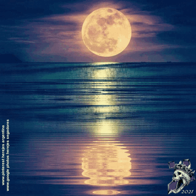 a full moon over a body of water with the year 2021 on the bottom right