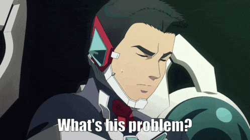 a man with a helmet on has the words what 's his problem below him