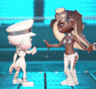a couple of cartoon characters are standing next to each other on a blue background .