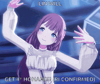 a girl with purple hair and blue eyes is dancing with the words lin will get 4 honami confirmed on the bottom