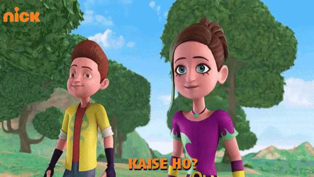 a couple of cartoon characters standing next to each other with the words kaise ho written in orange