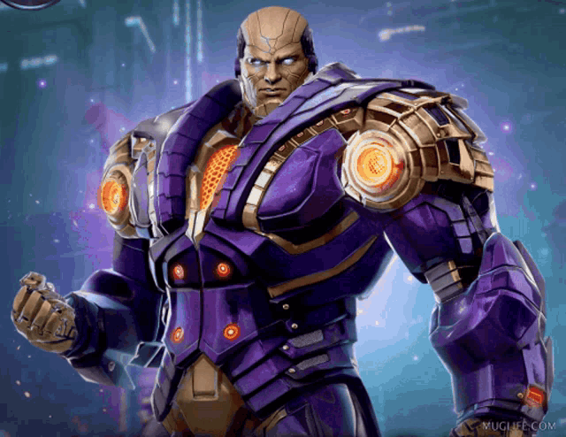 a man in a purple and gold armor stands in front of a muglife.com website