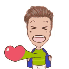 a cartoon boy is holding a heart in his hand .