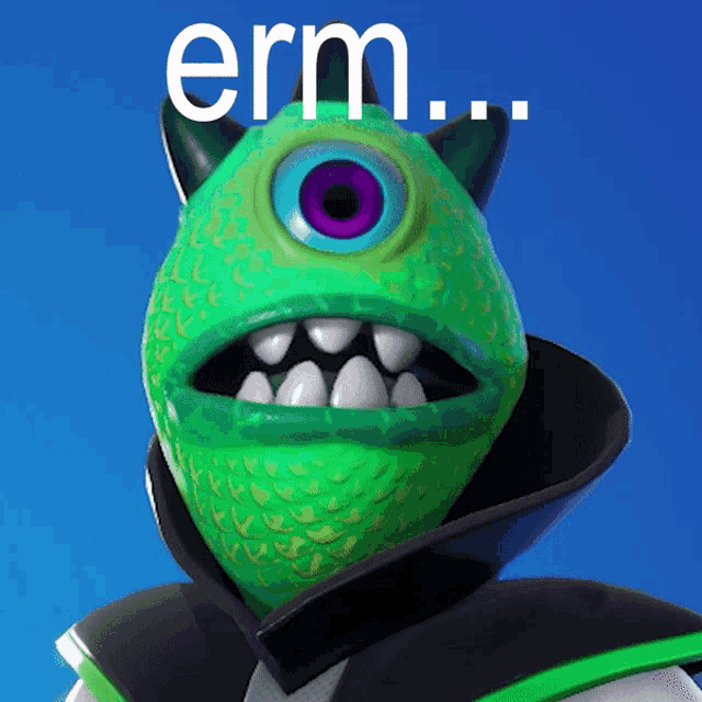 a green monster with a purple eye and the word erm written on it
