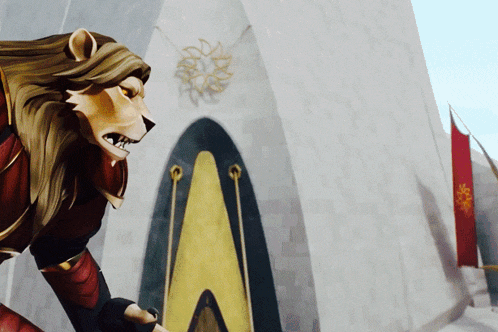 a cartoon lion stands in front of a building