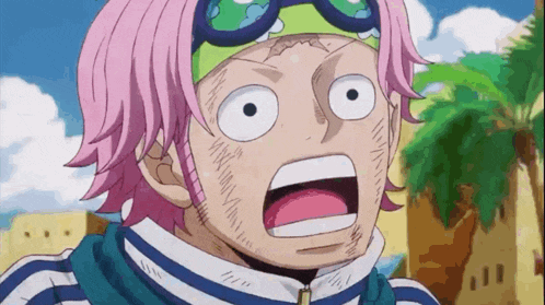 a cartoon character with pink hair and goggles is making a funny face .