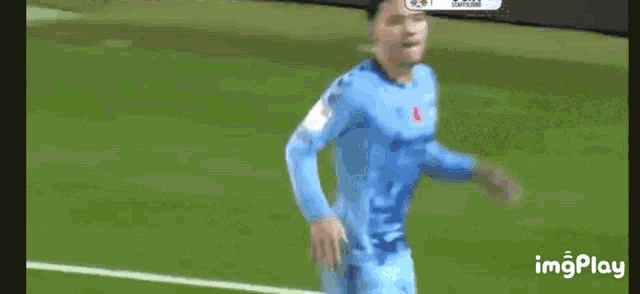 a soccer player in a blue shirt is running on a field .