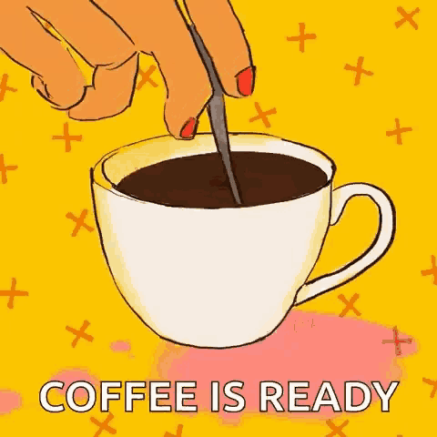 a woman is stirring a cup of coffee with a spoon and the caption `` coffee is ready '' .
