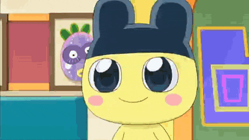 a cartoon character wearing a bunny hat is standing in front of a wall with paintings .