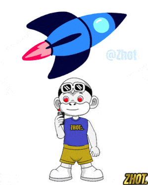 a cartoon of a monkey wearing a zhot shirt with a rocket in the background