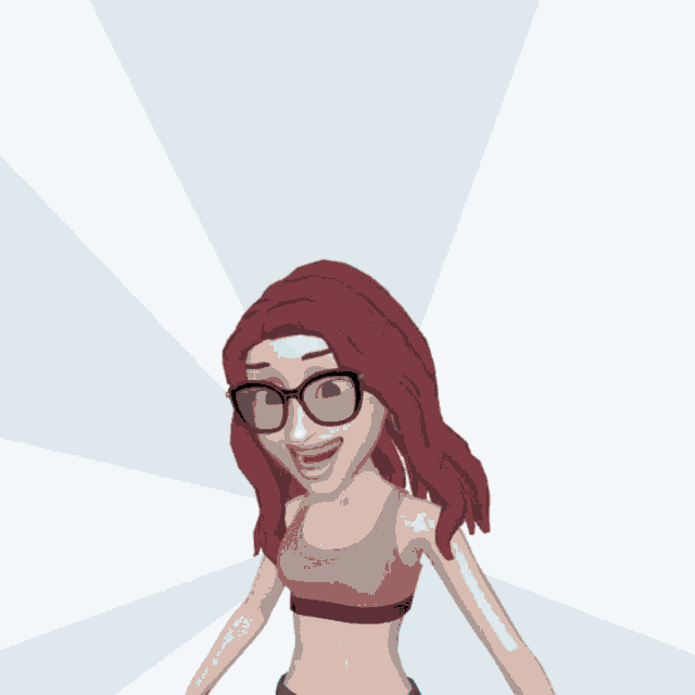 a cartoon girl with red hair and glasses is standing in front of a blue background