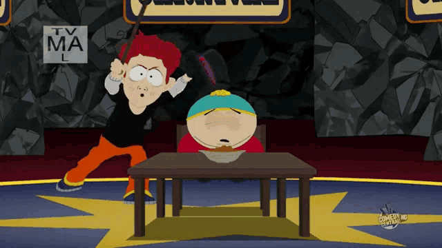 a cartoon character is sitting at a table with a sign that says tv ma l on it