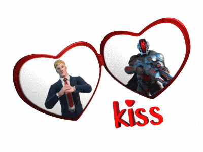 a man in a suit and tie is surrounded by two red hearts with the word kiss on it
