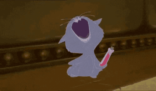 a cartoon cat is yawning while holding a bottle of liquid in its mouth .