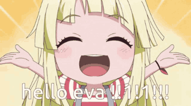 a cartoon girl says hello eva !! 1 !!