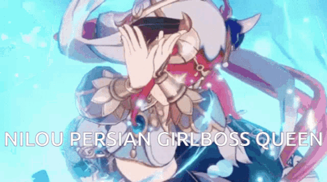 a cartoon of a girl covering her face with her hands and the words " nilou persian girlboss queen " .