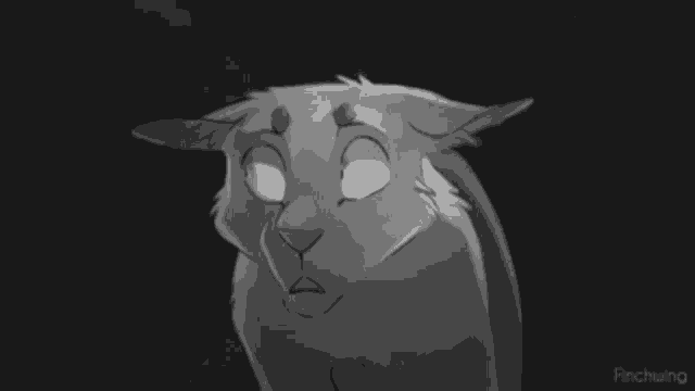 a black and white drawing of a cat with a sad look on his face .