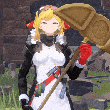 a girl in a video game is holding a hammer with a symbol on it