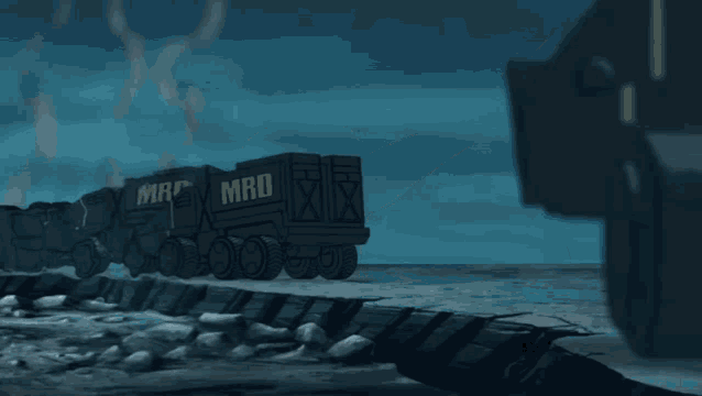 a train with crates that say mrd on them