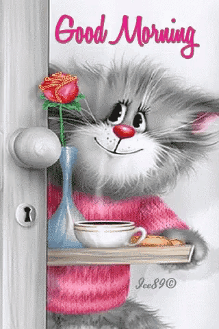 a cartoon cat is holding a red rose and a cup of coffee on a shelf .