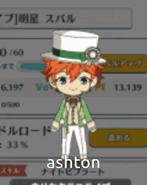 a cartoon character named ashton is wearing a green jacket and white pants