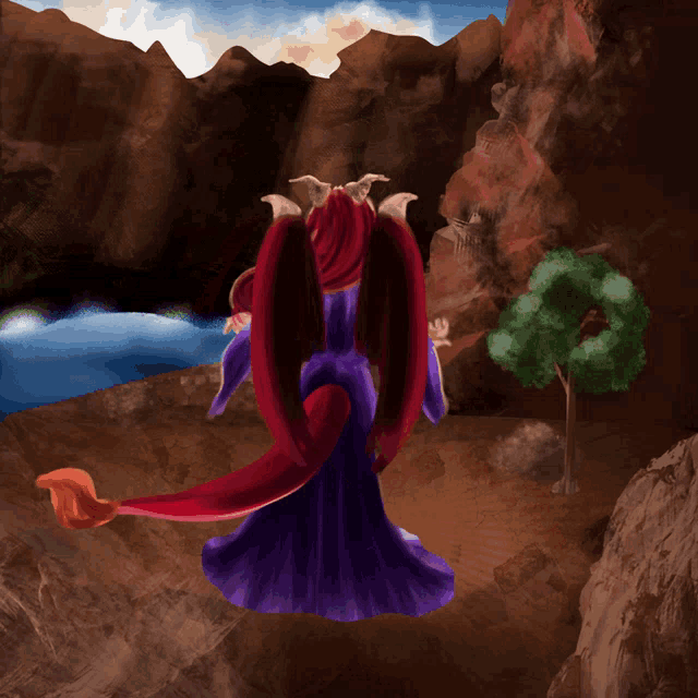 a painting of a dragon with red wings and a purple robe