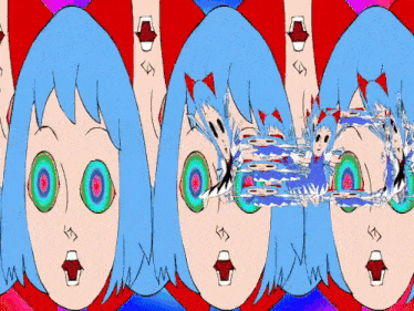 a cartoon drawing of a girl with blue hair and green eyes .