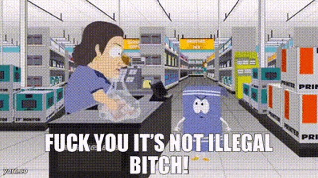 a cartoon of a woman sitting at a cash register in a store talking to a cartoon character .