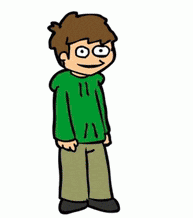 a cartoon of a boy wearing a green sweater and khaki pants .