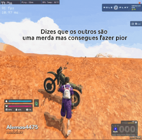 a video game screen shows a man riding a motorcycle in the desert