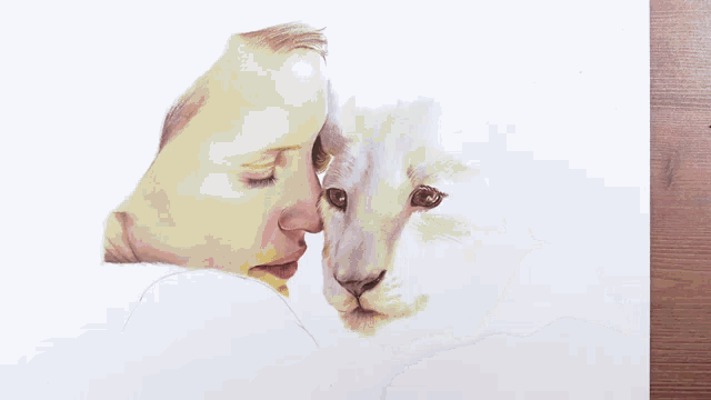 a drawing of a woman holding a lion cub